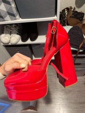 Dream Pairs Red Patent Platform Block Heel Pumps